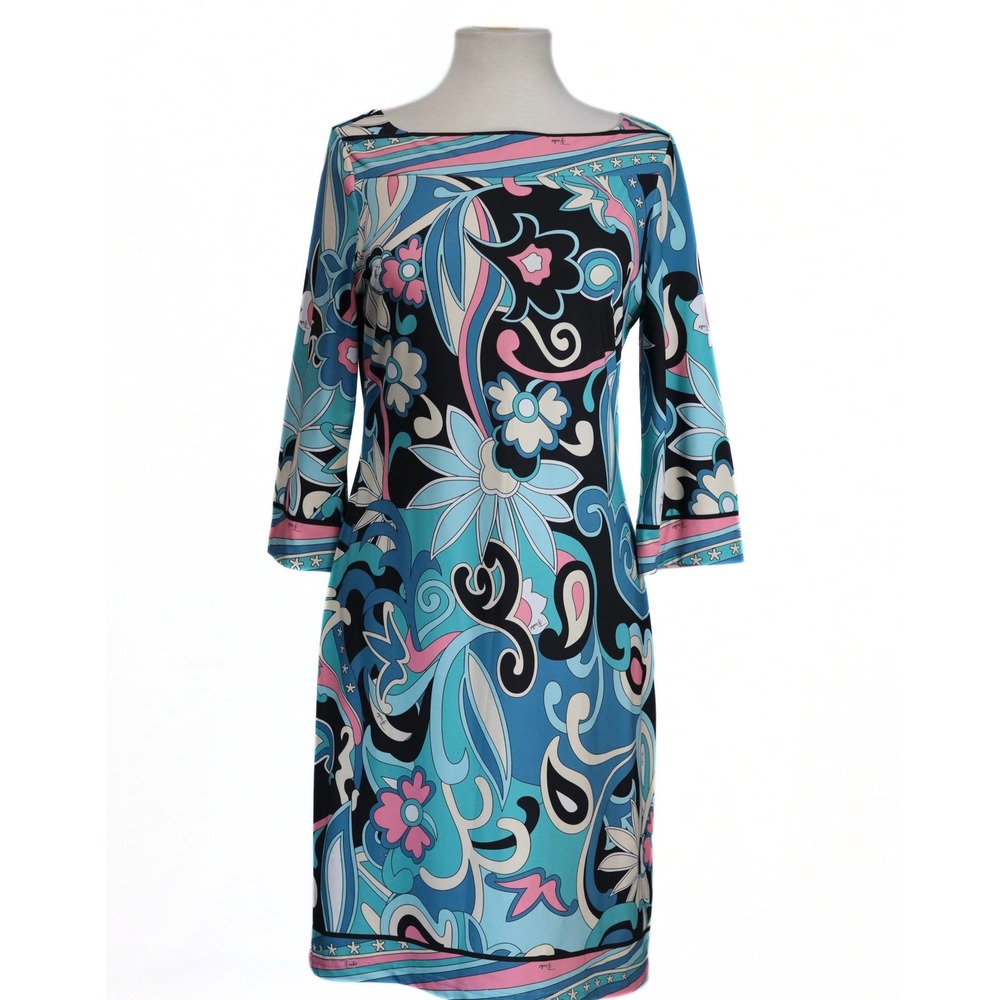 EMILIO PUCCI Silk Jersey Dress IT 42 US 6 Blue Pink Floral Geometric Signature